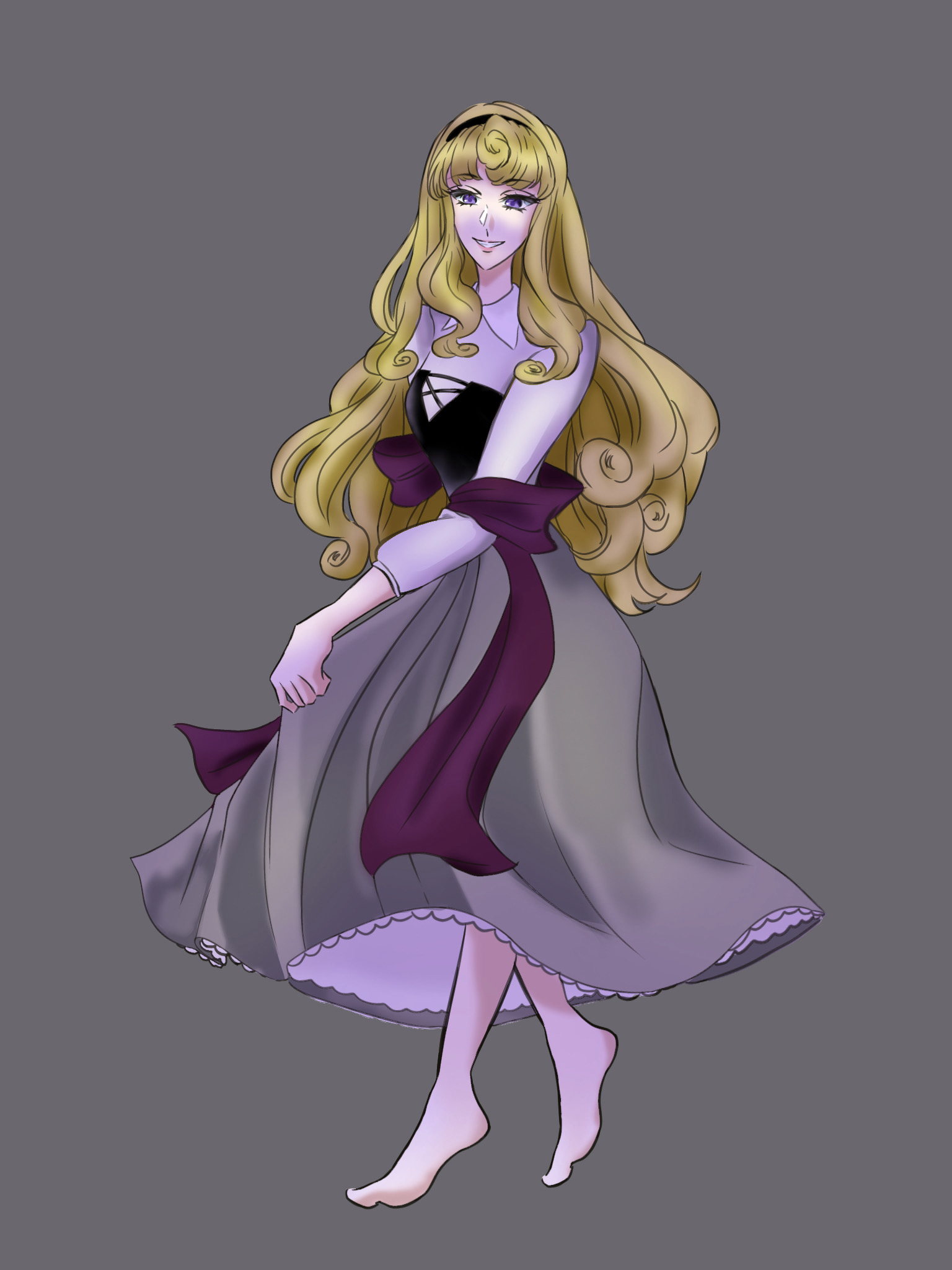 aurora (disney), disney, sleeping beauty (disney), highres, 1girl, animification, barefoot, blonde hair, brown eyes, dress, hairband, hizuki2jou, long hair, long sleeves, looking at viewer, makeup, red lips, sash, simple background, skirt hold, smile, solo