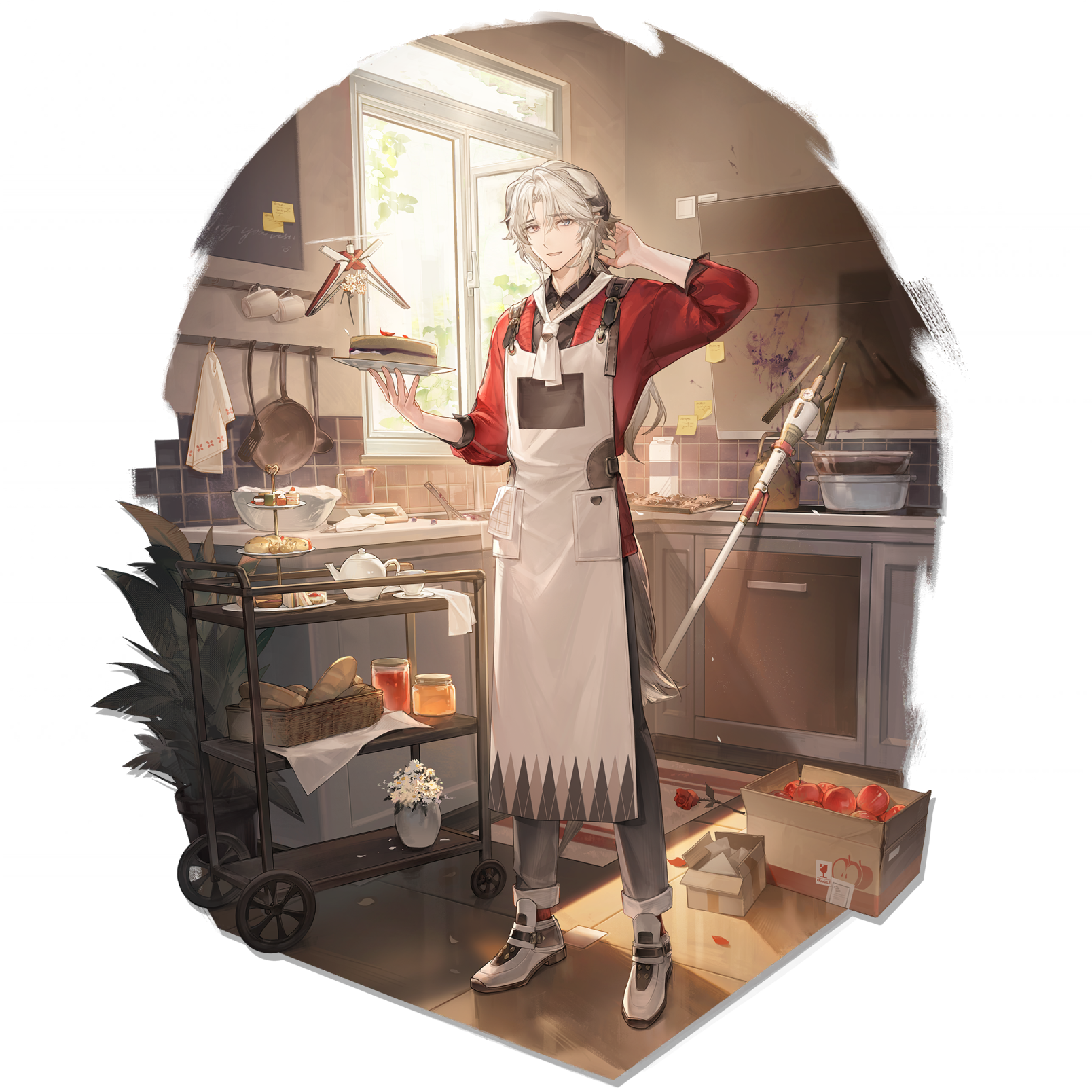 hug (yourhug), arknights, highres, official art, third-party source, 1boy, animal ears, apple, apron, arm behind head, basket, black pants, black shirt, blue eyes, bobbing (arknights), bobbing (heartwarming baking) (arknights), box, bread, cake, cardboard box, chalkboard, collared shirt, cookie, counter, cup, day, dog boy, dog ears, dog tail, drone, floppy ears, flower, food, fragile symbol, fruit, frying pan, full body, hair between eyes, heterochromia, holding, holding plate, indoors, jam, jar, kitchen, light smile, long hair, low ponytail, mage staff, milk carton, neckerchief, official alternate costume, open mouth, pants, plant, plate, ponytail, potted plant, red eyes, red flower, red rose, red socks, red sweater, ribbed socks, rose, serving cart, shirt, shoes, sidelocks, socks, solo, staff, standing, sticky note, sweater, tail, teacup, teapot, tiered tray, transparent background, vase, white apron, white flower, white hair, white neckerchief, white shoes, window