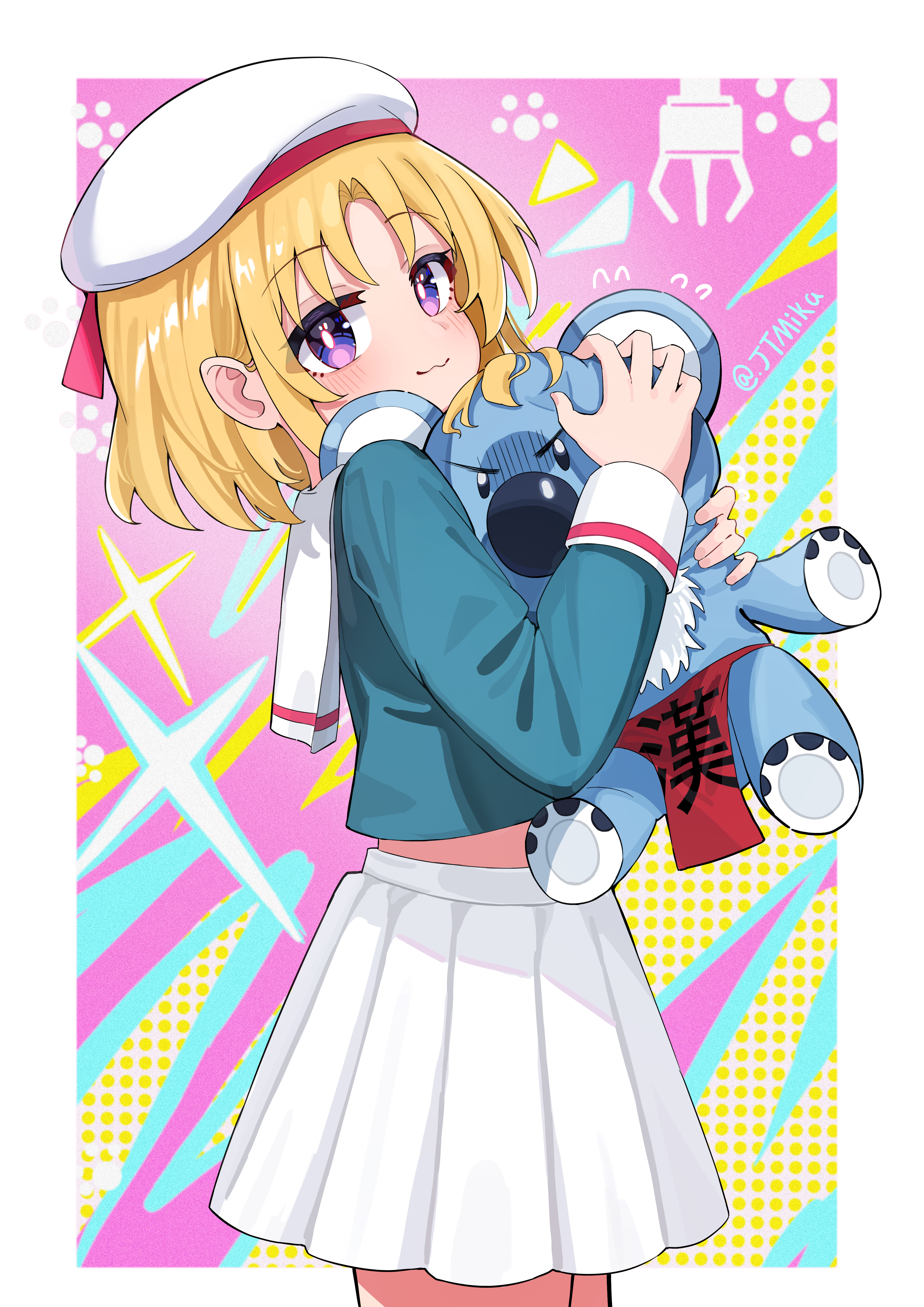 jtmika, lily baker, game center shoujo to ibunka kouryuu, absurdres, highres, 1girl, :3, ben-day dots, beret, blonde hair, blush, green shirt, hat, holding, holding stuffed toy, looking at viewer, midriff peek, outside border, pink background, purple eyes, red loincloth, school uniform, screentones, shirt, short hair, skirt, smile, striped sleeve cuffs, stuffed koala, stuffed toy, sweatdrop, white skirt, white sleeve cuffs