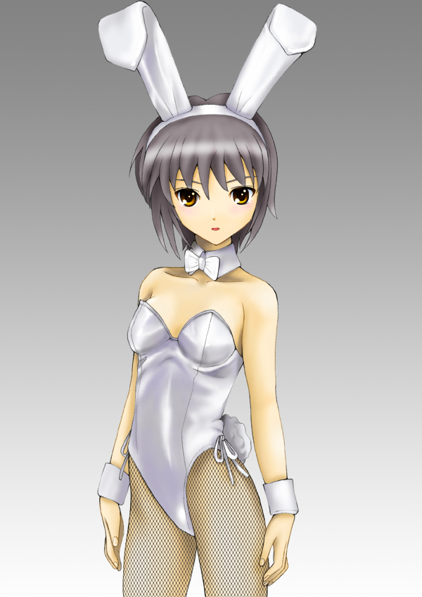 kishida-shiki, nagato yuki, suzumiya haruhi no yuuutsu, 00s, 1girl, animal ears, fake animal ears, female focus, fishnet pantyhose, fishnets, grey hair, pantyhose, playboy bunny, rabbit ears, short hair, solo, yellow eyes