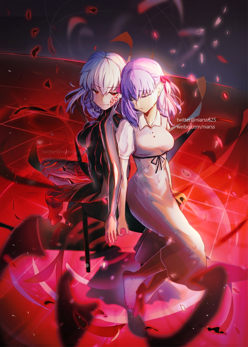 niarss, dark sakura, matou sakura, fate/stay night, fate (series), heaven's feel, black dress, closed eyes, collared dress, dark, dress, multiple persona, on floor, short sleeves, side-by-side, sitting, sundress, twitter username, white dress