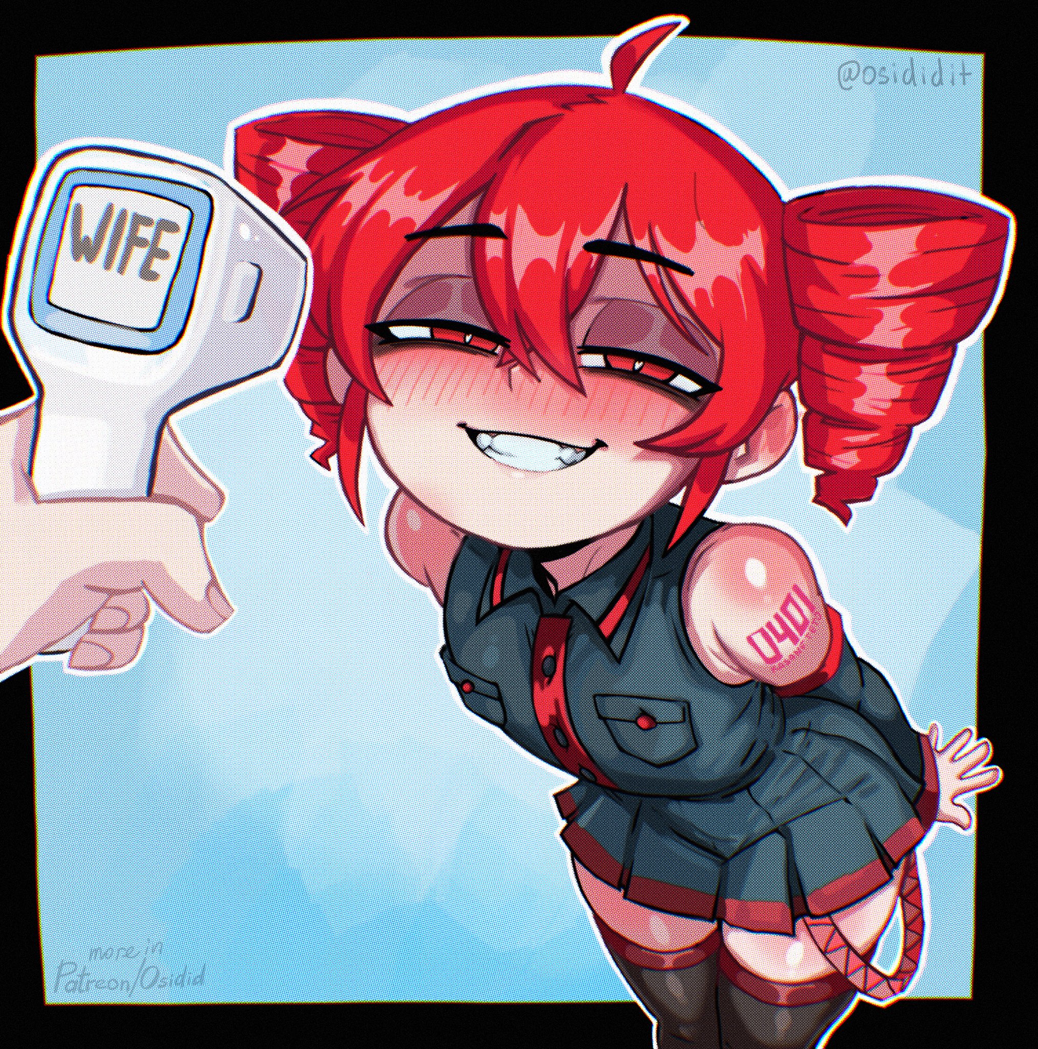 osidid, kasane teto, utau, commentary, english commentary, highres, 1girl, 1other, ahoge, black thighhighs, detached sleeves, drill hair, grin, half-closed eyes, infrared thermometer, leaning forward, miniskirt, naughty face, pleated skirt, red eyes, red hair, shoulder tattoo, skirt, smile, tattoo, thighhighs, twin drills, twitter username, zettai ryouiki