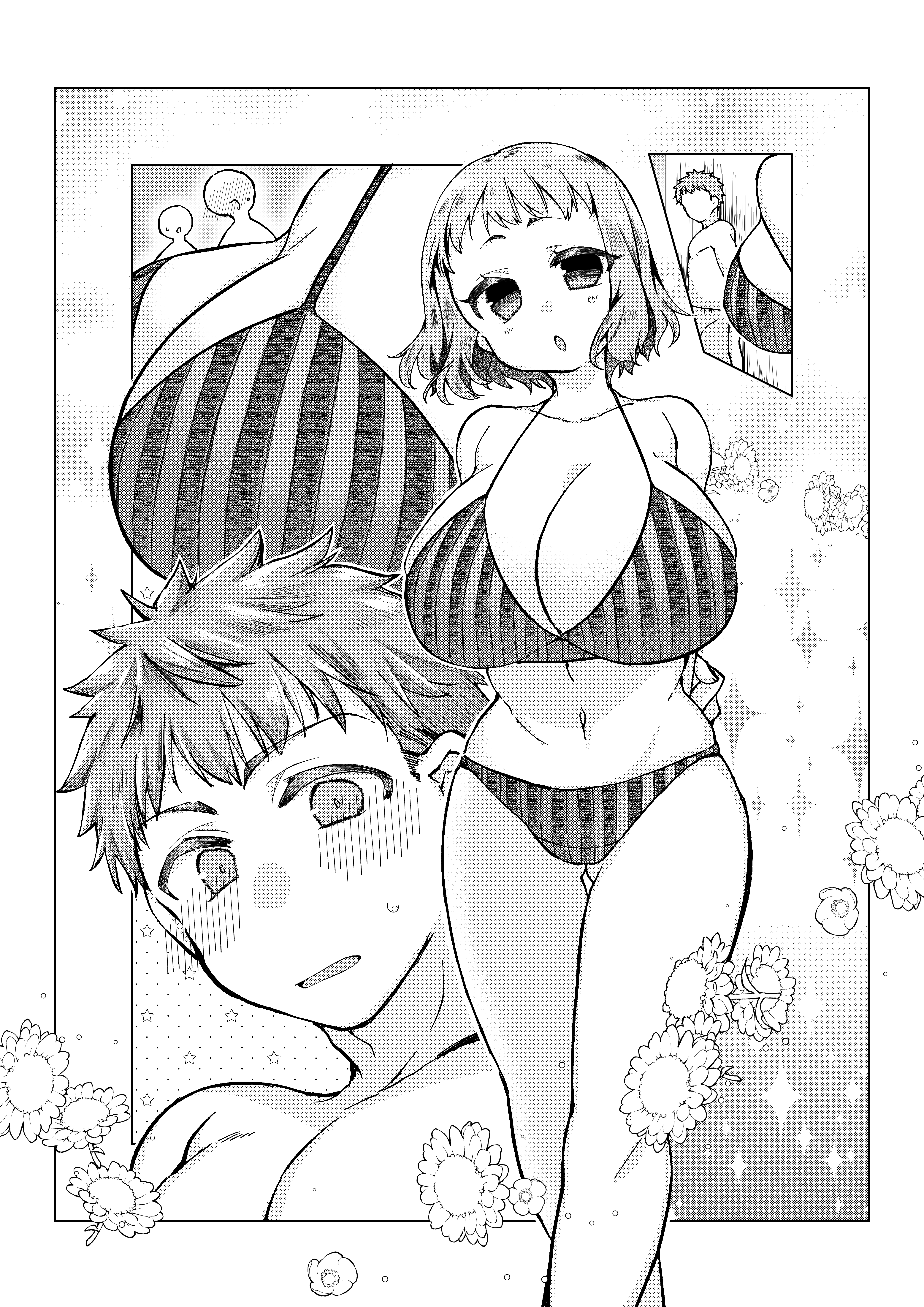 2323astronomy, emiya shirou, leysritt (fate), fate/stay night, fate (series), absurdres, commission, highres, pixiv commission, 1boy, 1girl, bikini, blush, breasts, cleavage, greyscale, hetero, huge breasts, large breasts, monochrome, navel, nipples, paizuri, string bikini, sweat, swimsuit