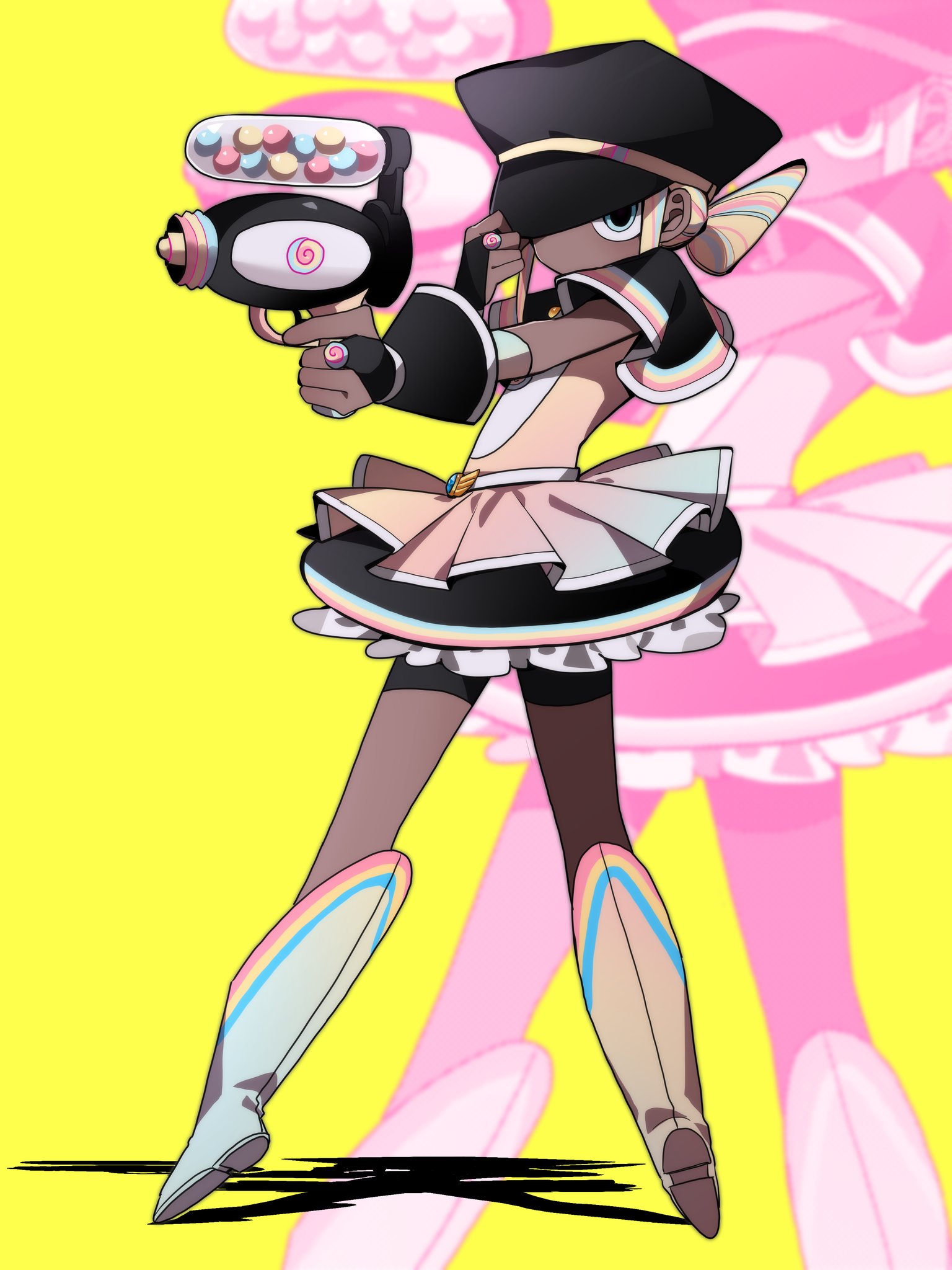 original, rainbow bubblegem, commentary request, highres, korean commentary, 1girl, adjusting clothes, adjusting headwear, black gloves, black hat, blonde hair, blue eyes, blue hair, boots, chewing gum, dark-skinned female, dark skin, dress, emptyname0501, frilled dress, frills, full body, gloves, gun, hair bun, hat, holding, holding gun, holding weapon, multicolored hair, pink hair, simple background, solo, standing, streaked hair, very dark skin, weapon, yellow background, zoom layer