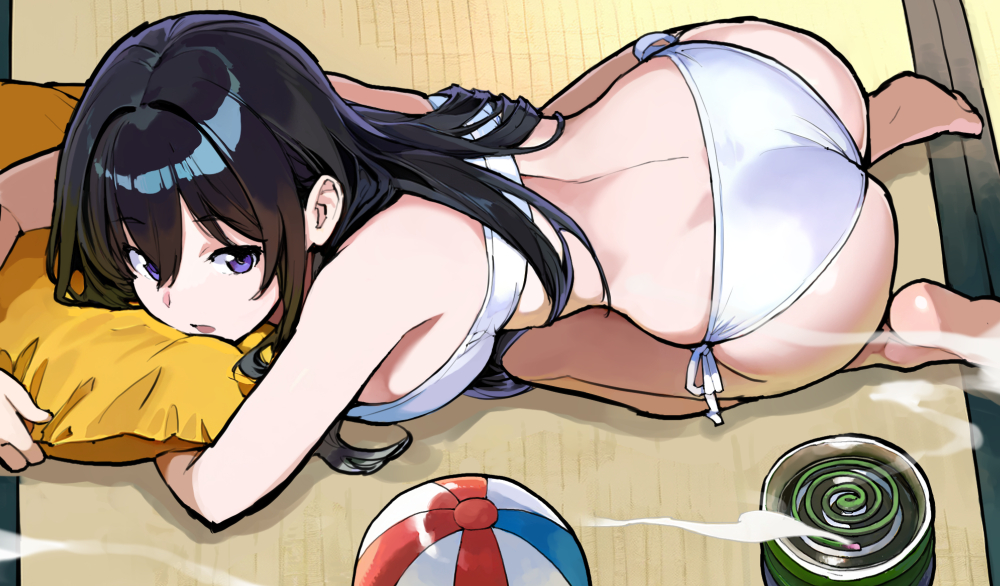 asakura maru, original, commentary request, 1girl, all fours, ass, back, ball, barefoot, beachball, bikini, black hair, breasts, from side, hugging object, incense burner, indoors, large breasts, long hair, looking at viewer, looking to the side, open mouth, pillow, pillow hug, purple eyes, ribbon, side-tie bikini bottom, sideboob, smoke, solo, swimsuit, tatami, white bikini, white ribbon