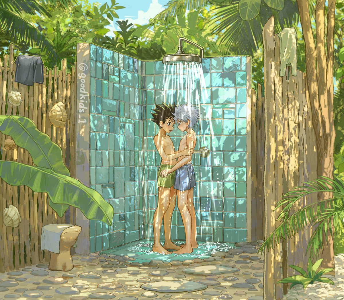 goodkids 1, gon freecss, killua zoldyck, hunter x hunter, commentary request, 2boys, black hair, black shirt, blue shorts, blush, clothed bath, full body, green shorts, male focus, multiple boys, shared bathing, shirt, short hair, shorts, showering, standing, topless male, twitter username, unworn shirt, white hair, yaoi