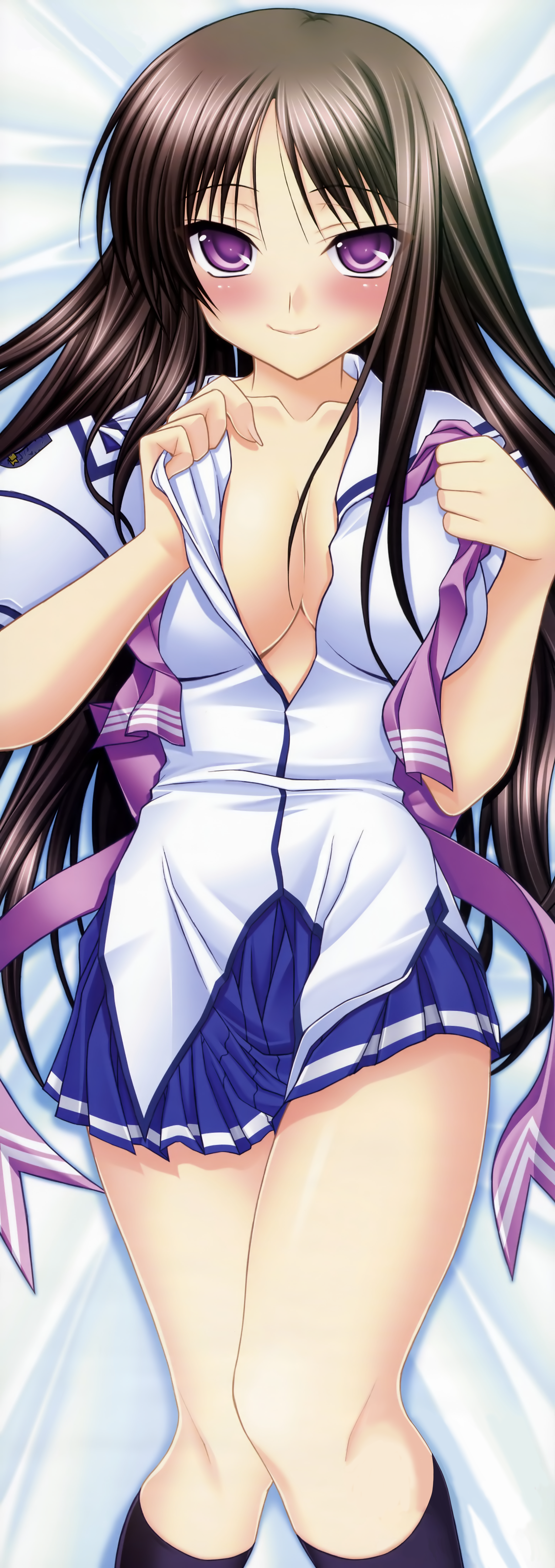 inuzumi masaki, hoshino miyako, step x steady, absurdres, highres, huge filesize, long image, tall image, blush, breasts, brown hair, large breasts, purple eyes, school uniform, serafuku, solo, undressing