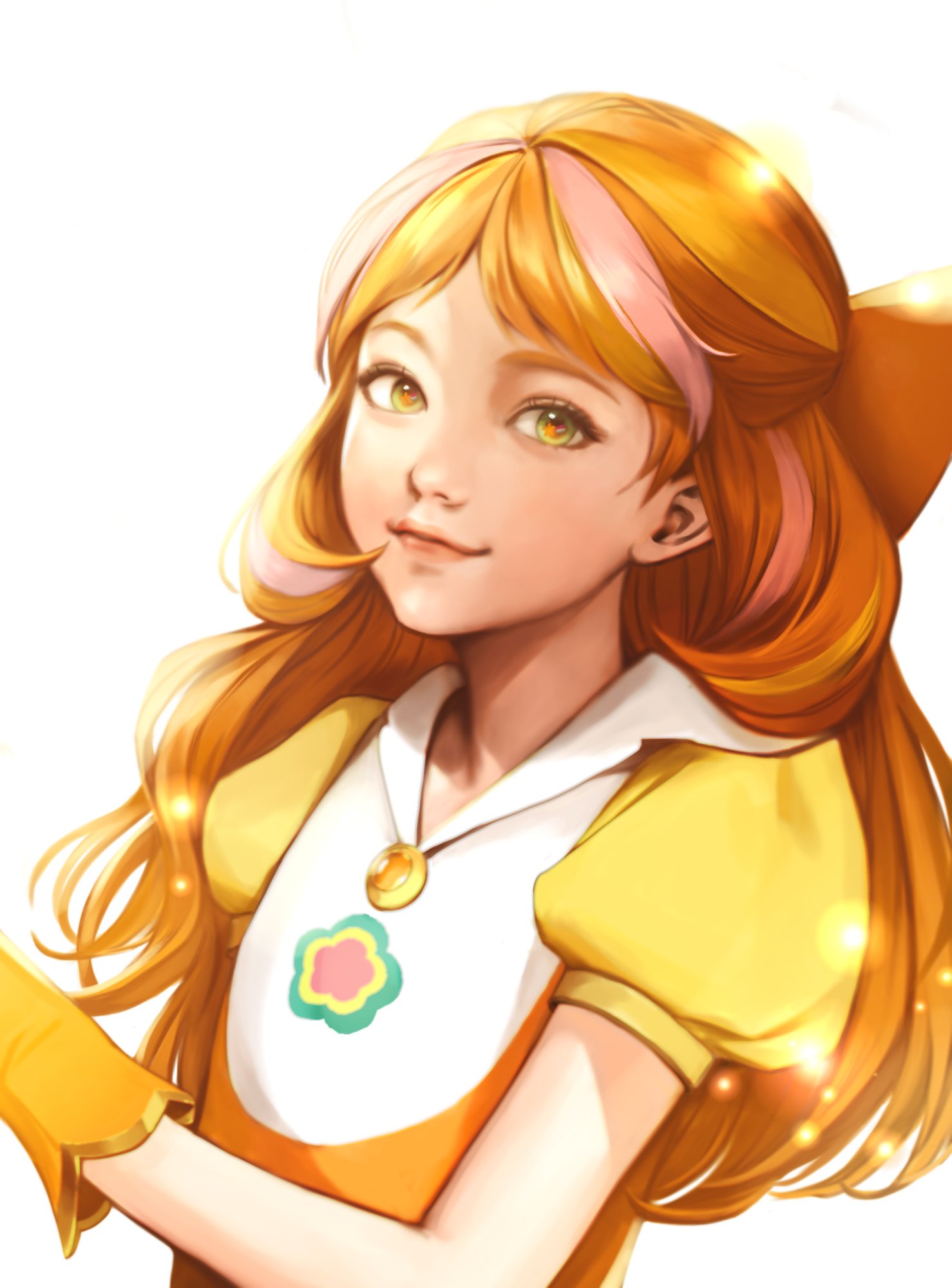 orange amber (rainbow bubblegem), rainbow bubblegem, artist request, commentary request, highres, korean commentary, second-party source, 1girl, bow, dress, gloves, green eyes, hair bow, long hair, looking at viewer, magical girl, multicolored hair, orange bow, orange hair, pink hair, puffy short sleeves, puffy sleeves, shooting star (symbol), short sleeves, simple background, solo, star (symbol), star in eye, streaked hair, symbol in eye, upper body, white background, yellow dress, yellow gloves
