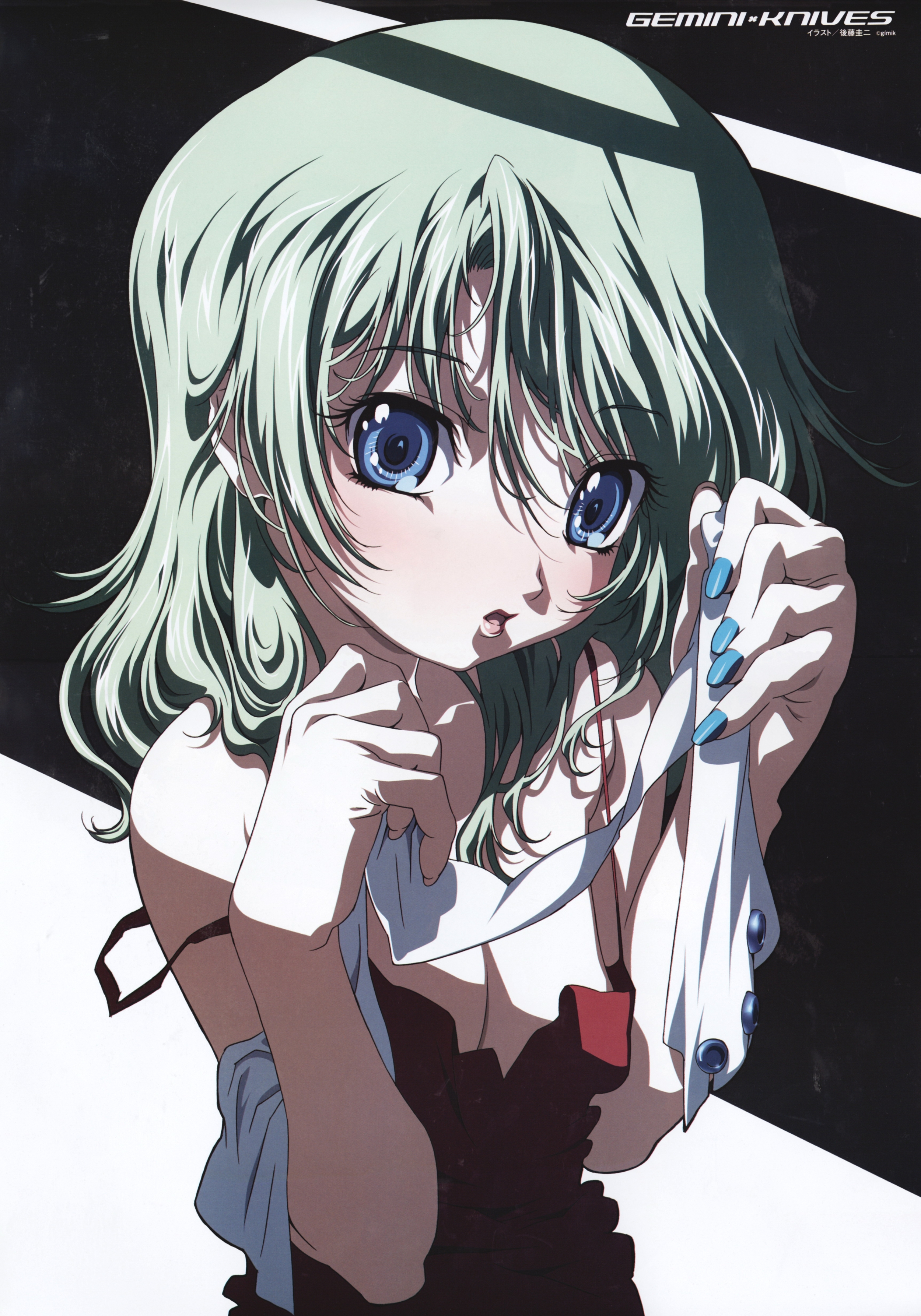 gotou keiji, cocoon (character), cocoon (gemini knives), gemini knives, megami magazine, absurdres, highres, scan, 1girl, blue nails, dress, female focus, green hair, lips, long hair, nail polish, solo