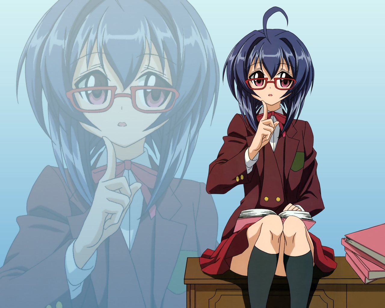 miyazaki nodoka, mahou sensei negima!, non-web source, 00s, blue hair, book, glasses, pactio, pink eyes, school uniform, serafuku, short hair, sitting, solo, zoom layer