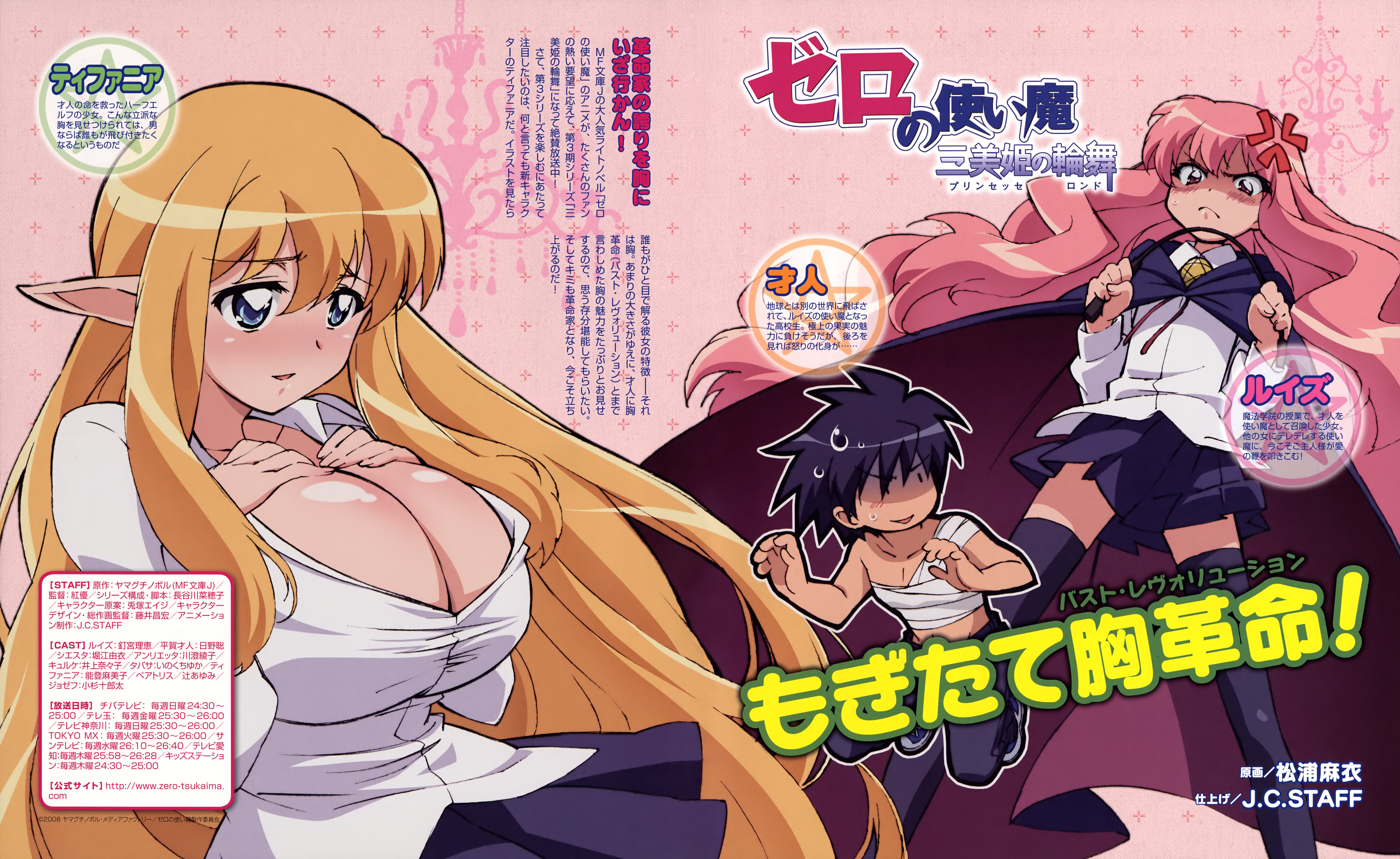 hiraga saito, louise francoise le blanc de la valliere, tiffania westwood, zero no tsukaima, absurdres, artist request, highres, 00s, 1boy, 2girls, angry, bandages, blonde hair, blue eyes, blush, breasts, character name, copyright name, elf, holding, holding riding crop, huge breasts, long hair, multiple girls, pentacle, pink eyes, pink hair, pointy ears, riding crop, skirt, whip