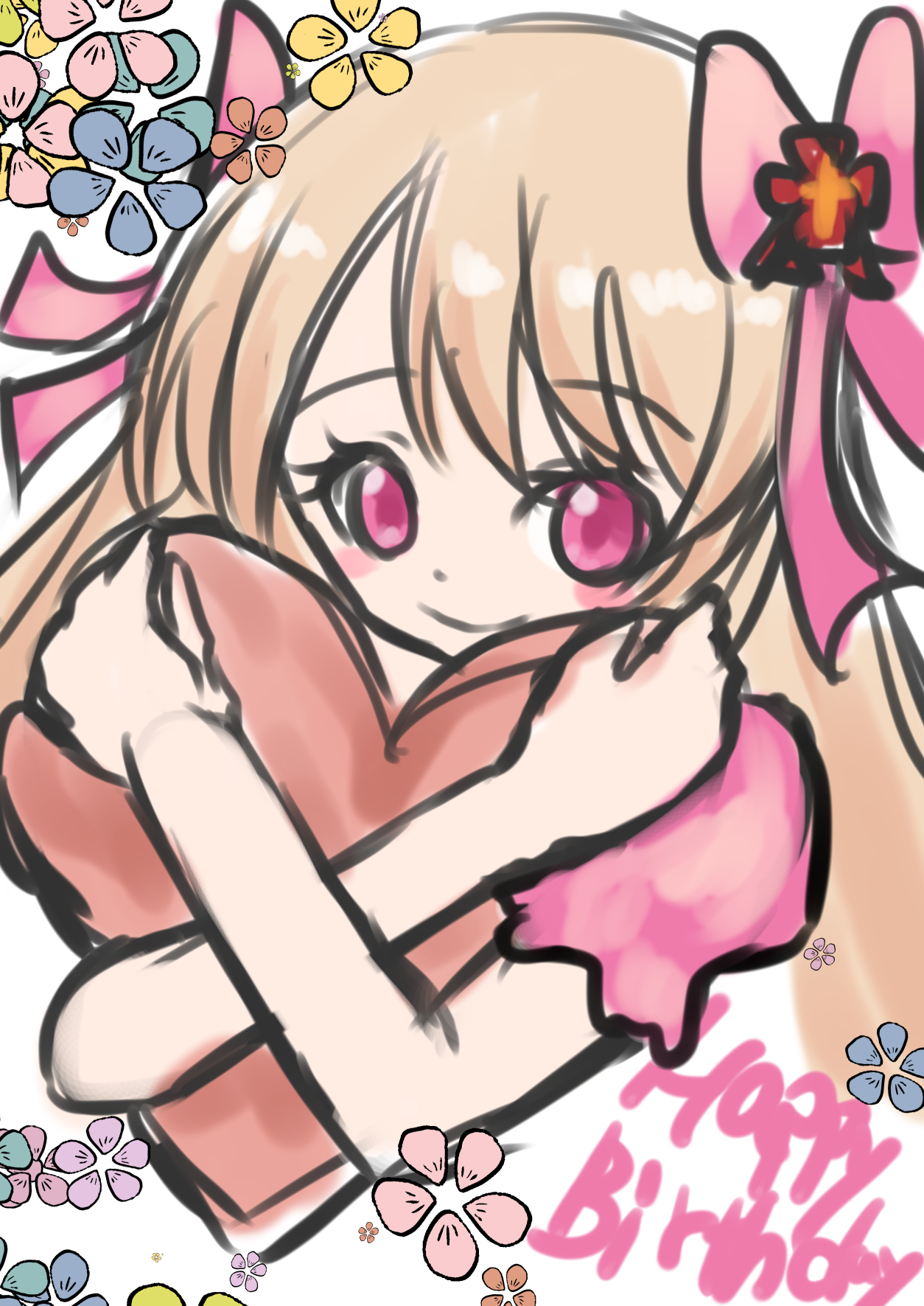 kanan hubuki, chaos marie (grimms notes), grimms notes, highres, 1girl, blonde hair, closed mouth, english text, flower, happy birthday, long hair, looking at viewer, pink shirt, shirt, solo, white background