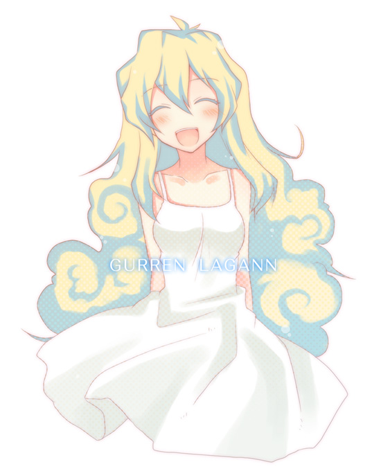 tamura hiro, nia teppelin, tengen toppa gurren lagann, 00s, 1girl, :d, ^ ^, blonde hair, blue hair, closed eyes, cropped legs, curly hair, dress, female focus, multicolored hair, open mouth, simple background, smile, solo, sundress, two-tone hair, white background, white dress