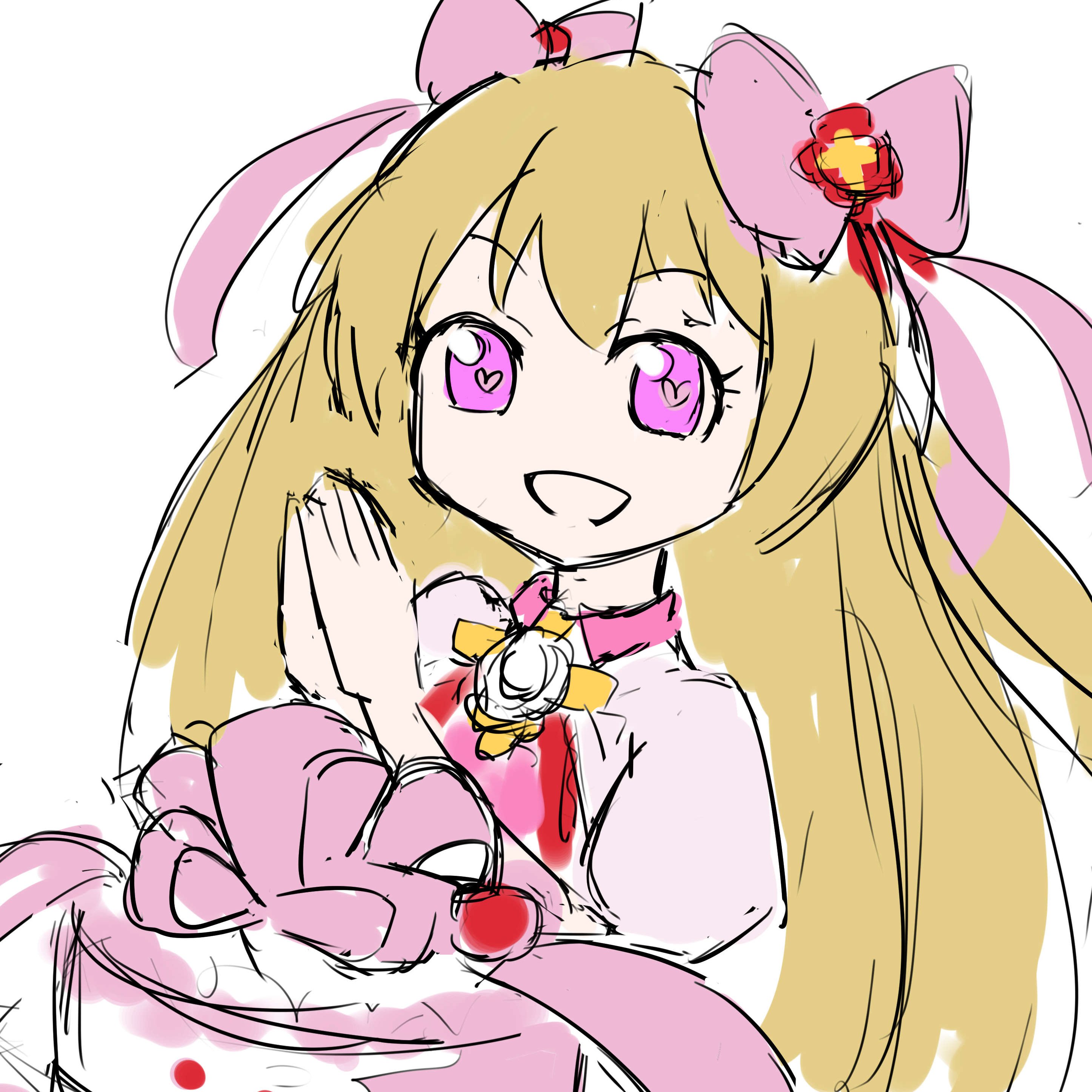 chaos marie (grimms notes), grimms notes, bad id, bad twitter id, 1girl, cake, flat color, food, kurahutooniki, long hair, looking at viewer, open mouth, pink eyes, sketch, smile, solo