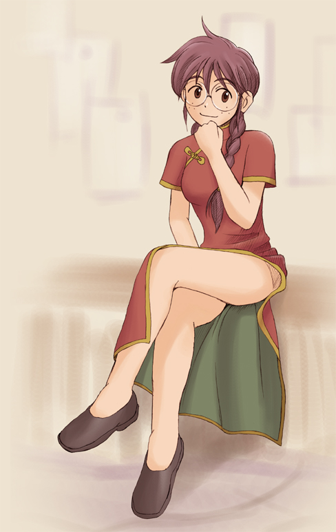 kyaperin, ri kouran, sakura taisen, bad id, bad pixiv id, 00s, 1girl, braid, brown eyes, china dress, chinese clothes, dress, freckles, glasses, long dress, purple hair, twin braids, twintails