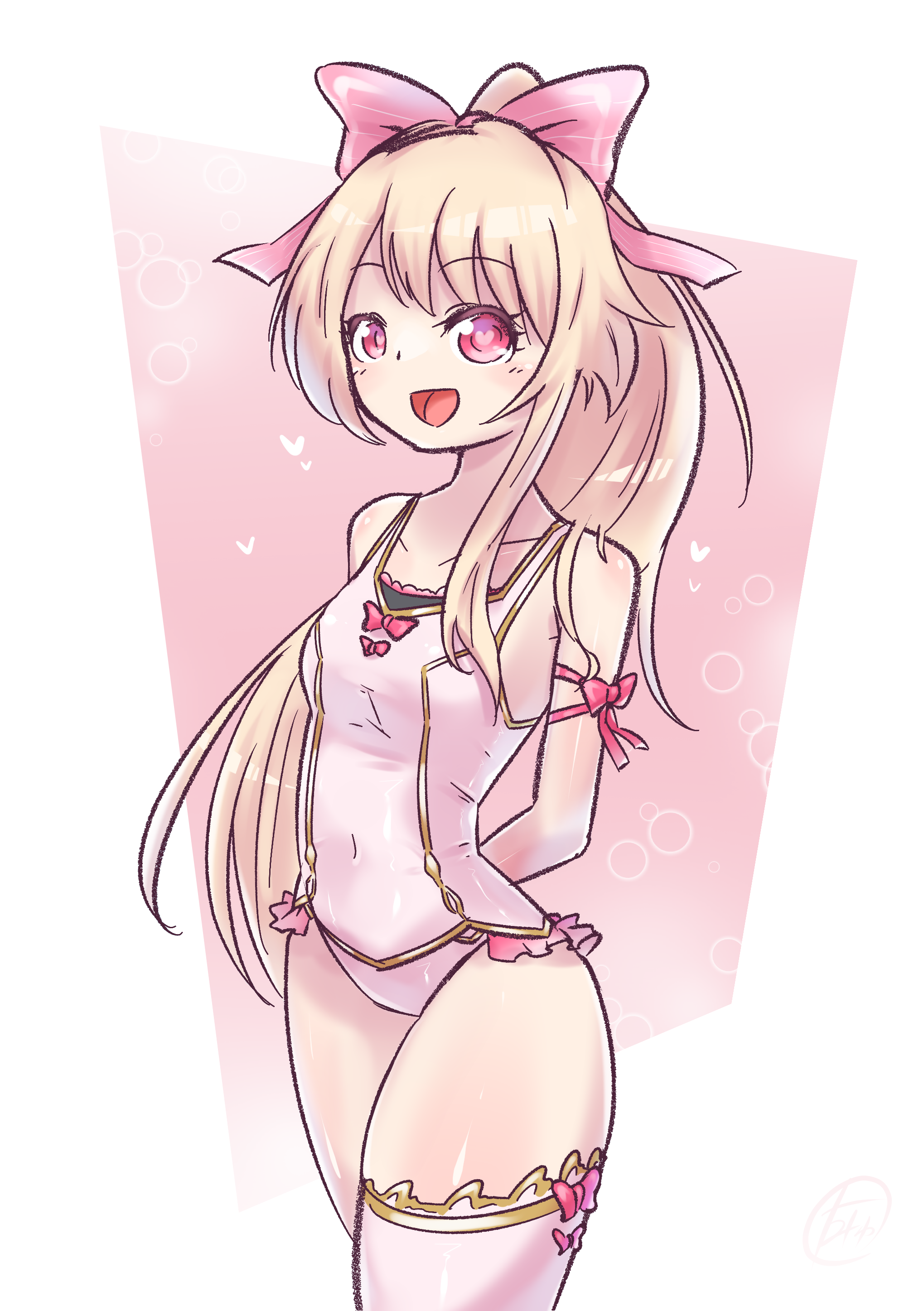 rotomyu, chaos marie (grimms notes), grimms notes, 1girl, alternate hairstyle, arms behind back, breasts, collarbone, cowboy shot, heart, pink eyes, school swimsuit, solo, swimsuit, thick thighs, thighs