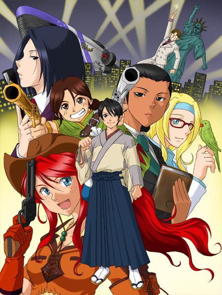 k-ma, diana caprice, gemini sunrise, kujou subaru, michael sunnyside, rikaritta aries, sagitta weinberg, statue of liberty, taiga shinjirou, sakura taisen, sakura taisen v, saturday night fever, sega, 00s, 2boys, 5girls, aircraft, airship, bird, bird on hand, black hair, blonde hair, blue eyes, blue hakama, brown eyes, brown hair, city, cowboy hat, cowboy western, dark skin, flying, formal clothes, freckles, fringe trim, glasses, gun, hairband, hakama, hakama skirt, handgun, hat, japanese clothes, long hair, mexico, multiple boys, multiple girls, necktie, parrot, pistol, ponytail, red hair, revolver, short hair, skirt, suit, weapon