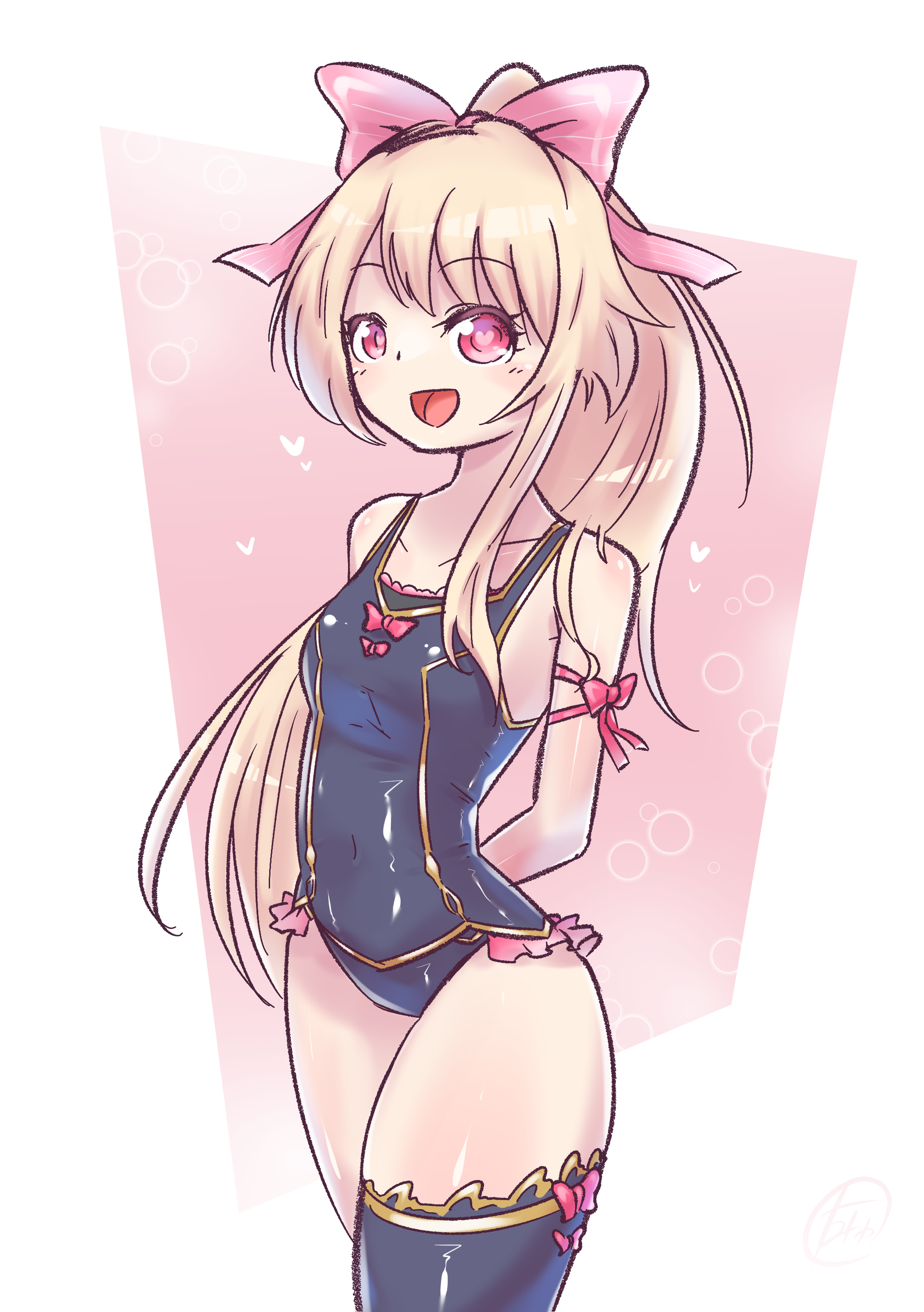 rotomyu, chaos marie (grimms notes), grimms notes, 1girl, alternate hairstyle, arms behind back, breasts, collarbone, cowboy shot, heart, pink eyes, school swimsuit, solo, swimsuit, thick thighs, thighs