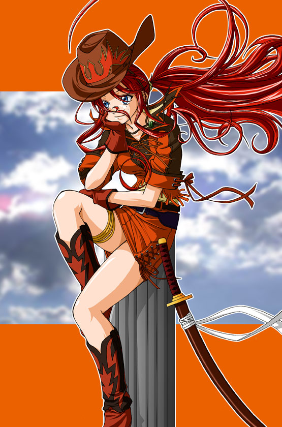 eisbahnx, gemini sunrise, sakura taisen, sakura taisen v, sega, 00s, 1girl, blue eyes, boots, clothes lift, cowboy boots, cowboy hat, cowboy western, freckles, fringe trim, gloves, hat, katana, long hair, miniskirt, pillar, ponytail, red hair, sitting, skirt, skirt lift, sword, weapon