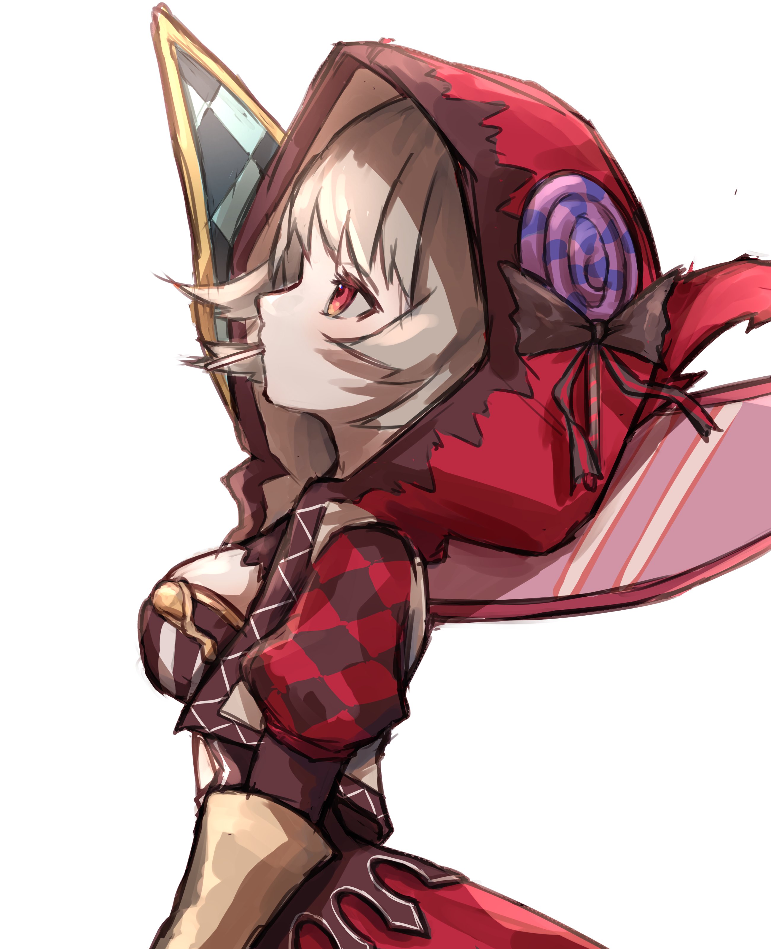 kamimura (moz29258939), candy witch (grimms notes), grimms notes, 1girl, blonde hair, breasts, hood, hood up, looking up, red eyes, sideboob, simple background, solo, white background