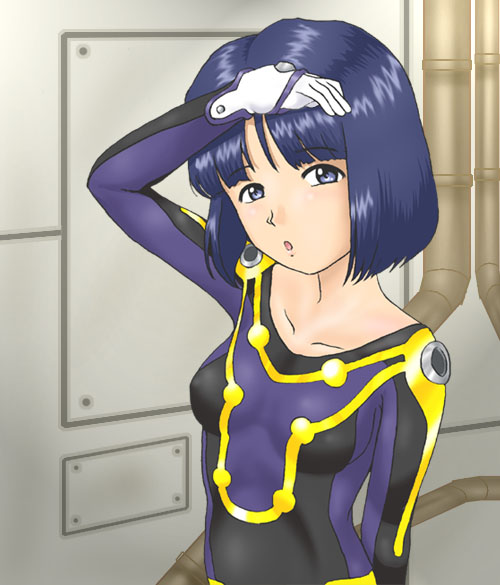 felniam, kitaooji hanabi, sakura taisen, sakura taisen iii, 00s, blush, bodysuit, gloves, purple eyes, purple hair, short hair