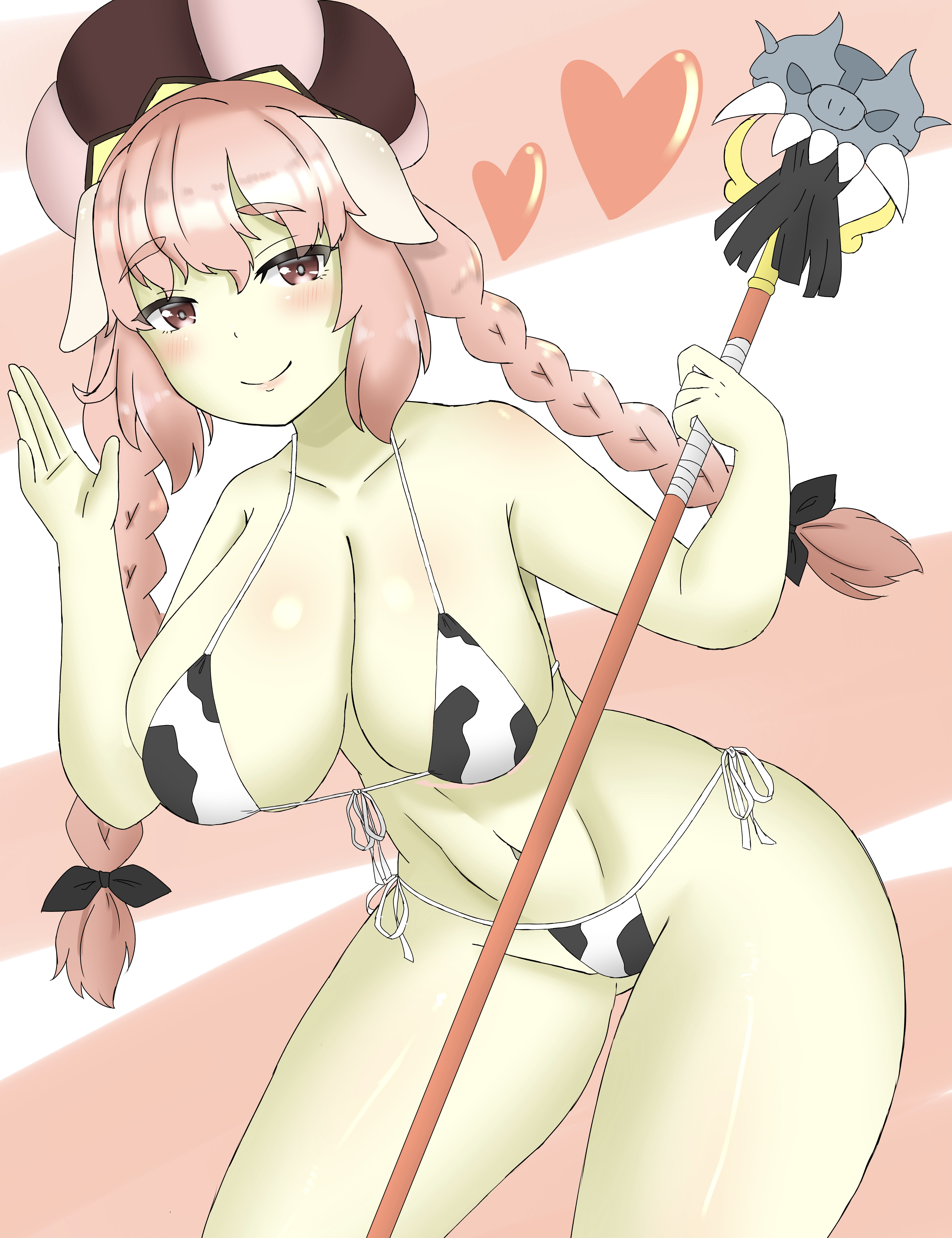 shirokumall, zhu bajie (grimms notes), grimms notes, absurdres, highres, 1girl, animal print, bikini, breasts, cow print, cow print bikini, hand up, hat, large breasts, looking at viewer, navel, pink hair, pink hat, print bikini, smile, solo, swimsuit