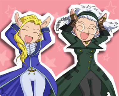 k-ma, glycine bleumer, lobelia carlini, sakura taisen, sakura taisen iii, sega, lowres, 00s, blonde hair, caramelldansen, chain, closed eyes, fingerless gloves, glasses, gloves, long hair, short hair, white hair