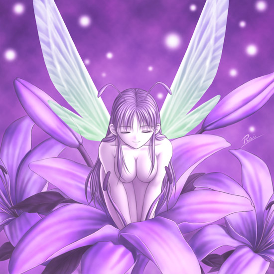 todoroki rai, original, 1girl, antennae, breasts, closed eyes, fairy, female focus, flower, mini person, minigirl, nude, purple hair, solo, wings