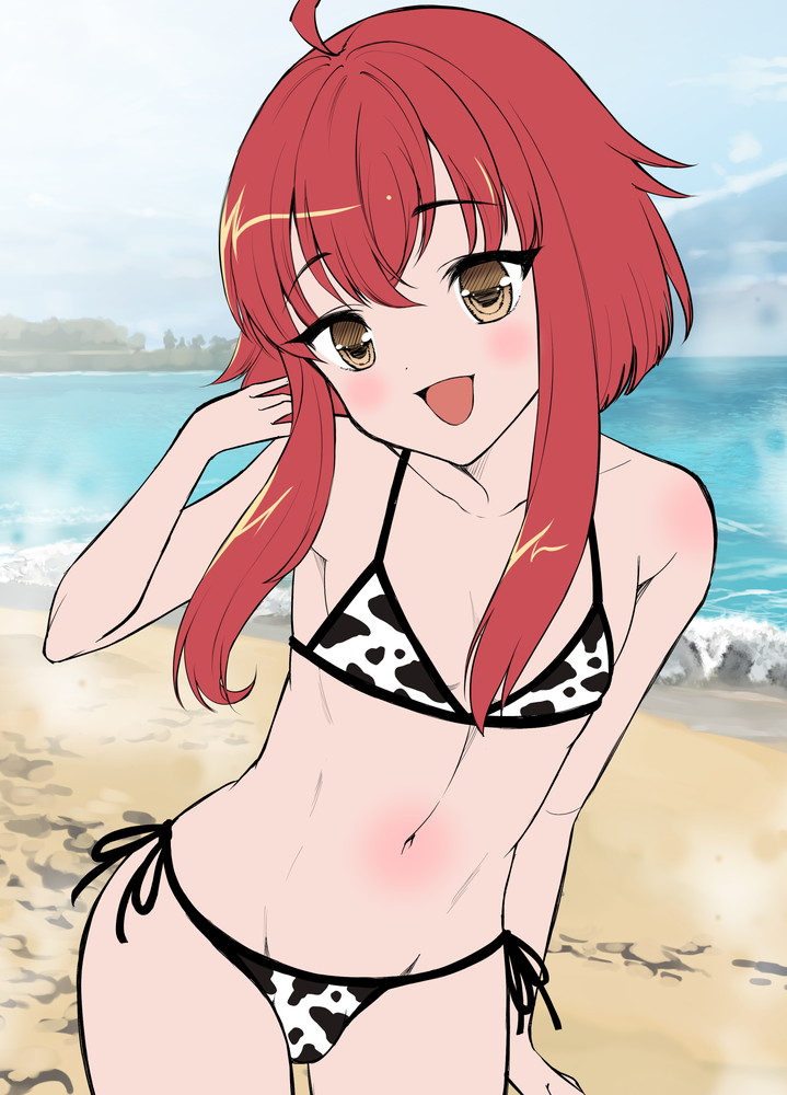 sakura denbu (hanazakuro), hahn (grimms notes), grimms notes, 1boy, ahoge, beach, collarbone, male focus, medium hair, open mouth, red hair, sidelocks, smile, solo, trap
