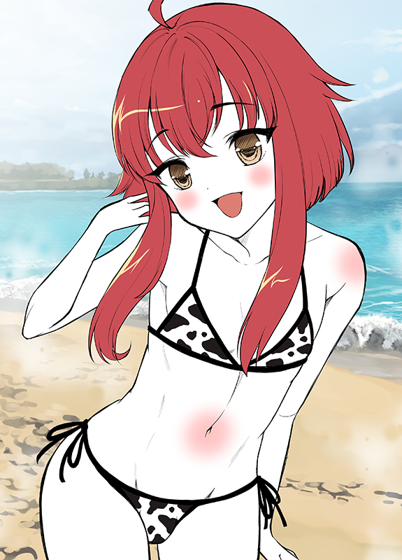 sakura denbu (hanazakuro), hahn (grimms notes), grimms notes, unfinished, 1boy, ahoge, beach, collarbone, male focus, medium hair, open mouth, red hair, sidelocks, smile, solo, trap