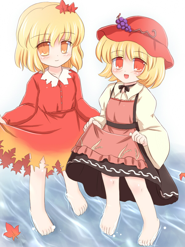 ry (yagoyago), aki minoriko, aki shizuha, touhou, 2girls, barefoot, female focus, hair ornament, hat, leaf, leaf hair ornament, multiple girls, short hair, skirt hold