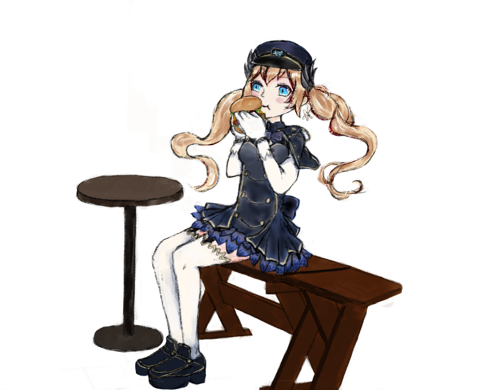 chaos gerda (gakuen) (grimms notes), chaos gerda (grimms notes), grimms notes, grimms notes gakuen, highres, 1girl, blue eyes, burger, eating, food, full body, holding, holding burger, holding food, hybrid2illust, simple background, solo, thighhighs, white background, white thighhighs