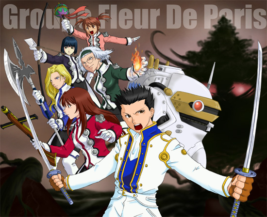 k-ma, coquelicot (sakura taisen), erica fontaine, glycine bleumer, kitaooji hanabi, koubu, lobelia carlini, oogami ichirou, sakura taisen, sakura taisen iii, sega, uniform, 00s, 1boy, 5girls, arrow (projectile), axe, black hair, blonde hair, blue eyes, bow (weapon), brown eyes, brown hair, fingerless gloves, fire, glasses, gloves, gun, katana, long hair, mecha, multiple girls, polearm, robot, short hair, submachine gun, sword, twintails, weapon, white hair