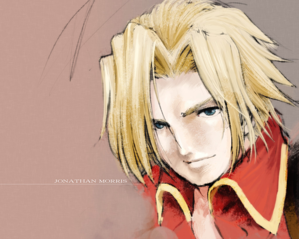s. higashida, jonathan morris, castlevania: portrait of ruin, castlevania (series), konami, official art, 1boy, blonde hair, blue eyes, character name, close-up, male focus, short hair, smile, solo