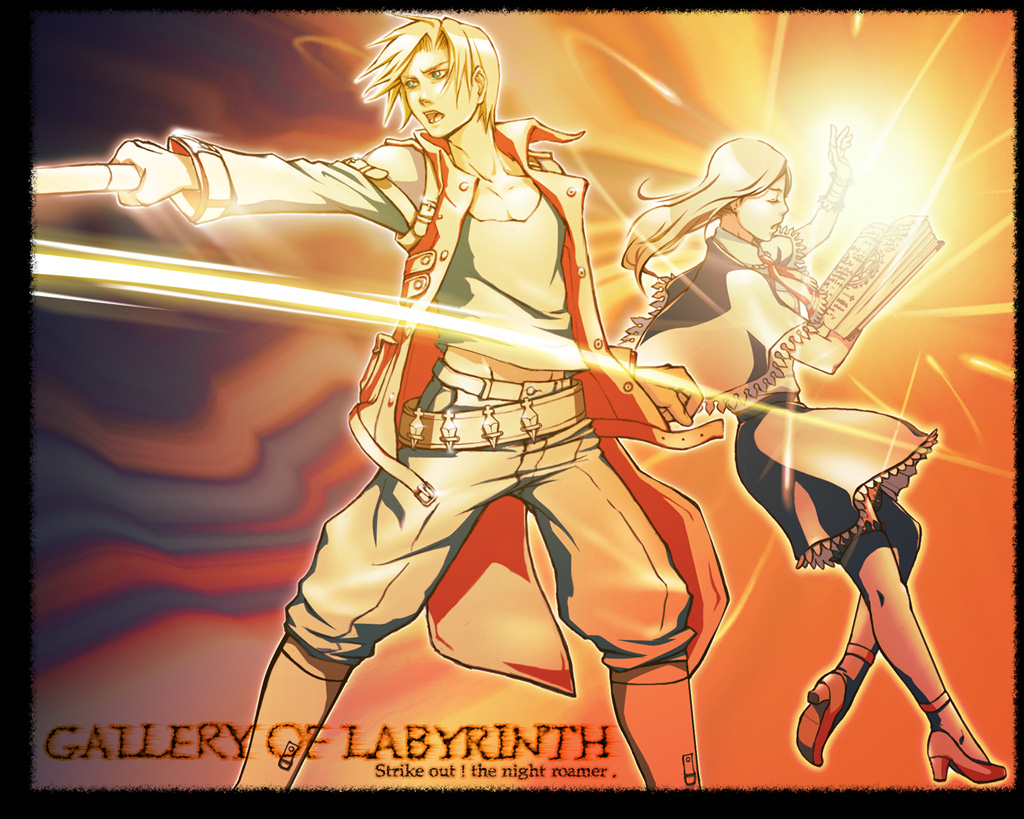 53-tsu, charlotte aulin, jonathan morris, castlevania: portrait of ruin, castlevania (series), konami, official art, arm up, ascot, belt, blonde hair, book, boots, brown hair, capelet, closed eyes, coat, fighting stance, frills, glowing, green eyes, high heels, knee boots, kunai, long hair, magic, midriff, open mouth, shoes, short hair, skirt, thighhighs, trench coat, weapon, whip