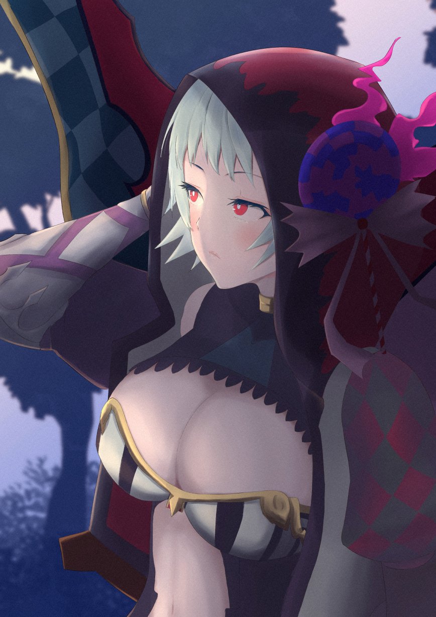 candy witch (grimms notes), grimms notes, highres, 1girl, aoikakuma, blonde hair, breasts, cleavage, closed mouth, hand up, large breasts, navel, prosthesis, prosthetic arm, red eyes, solo, upper body