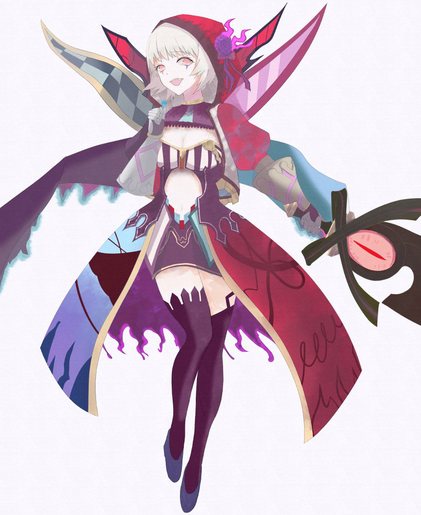 candy witch (grimms notes), grimms notes, bad id, bad twitter id, 1girl, aoikakuma, blonde hair, breasts, cleavage, holding, holding candy, holding lollipop, holding sword, holding weapon, hood, hood up, lollipop, open mouth, simple background, smile, solo, sword, teeth, upper teeth only, weapon, white background