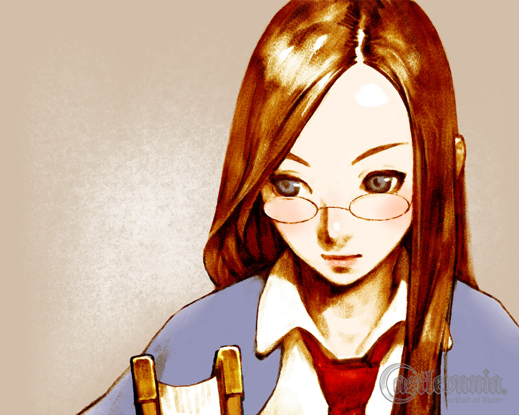 matsukeshi, charlotte aulin, castlevania: portrait of ruin, castlevania (series), official art, 1girl, bespectacled, blue eyes, book, brown hair, capelet, close-up, copyright name, female focus, glasses, grey eyes, lipstick, logo, long hair, makeup, necktie, smile, solo
