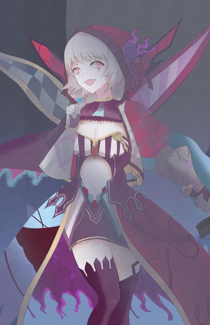 candy witch (grimms notes), grimms notes, bad id, bad twitter id, 1girl, aoikakuma, blonde hair, breasts, candy, cleavage, food, holding, holding candy, holding food, holding lollipop, holding sword, holding weapon, hood, hood up, lollipop, open mouth, smile, solo, sword, teeth, upper teeth only, weapon