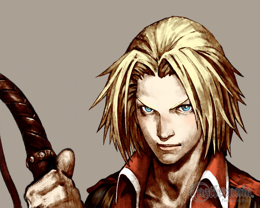 matsukeshi, jonathan morris, castlevania: portrait of ruin, castlevania (series), konami, official art, 1boy, blonde hair, blue eyes, close-up, lips, male focus, short hair, simple background, solo, spiked hair, whip