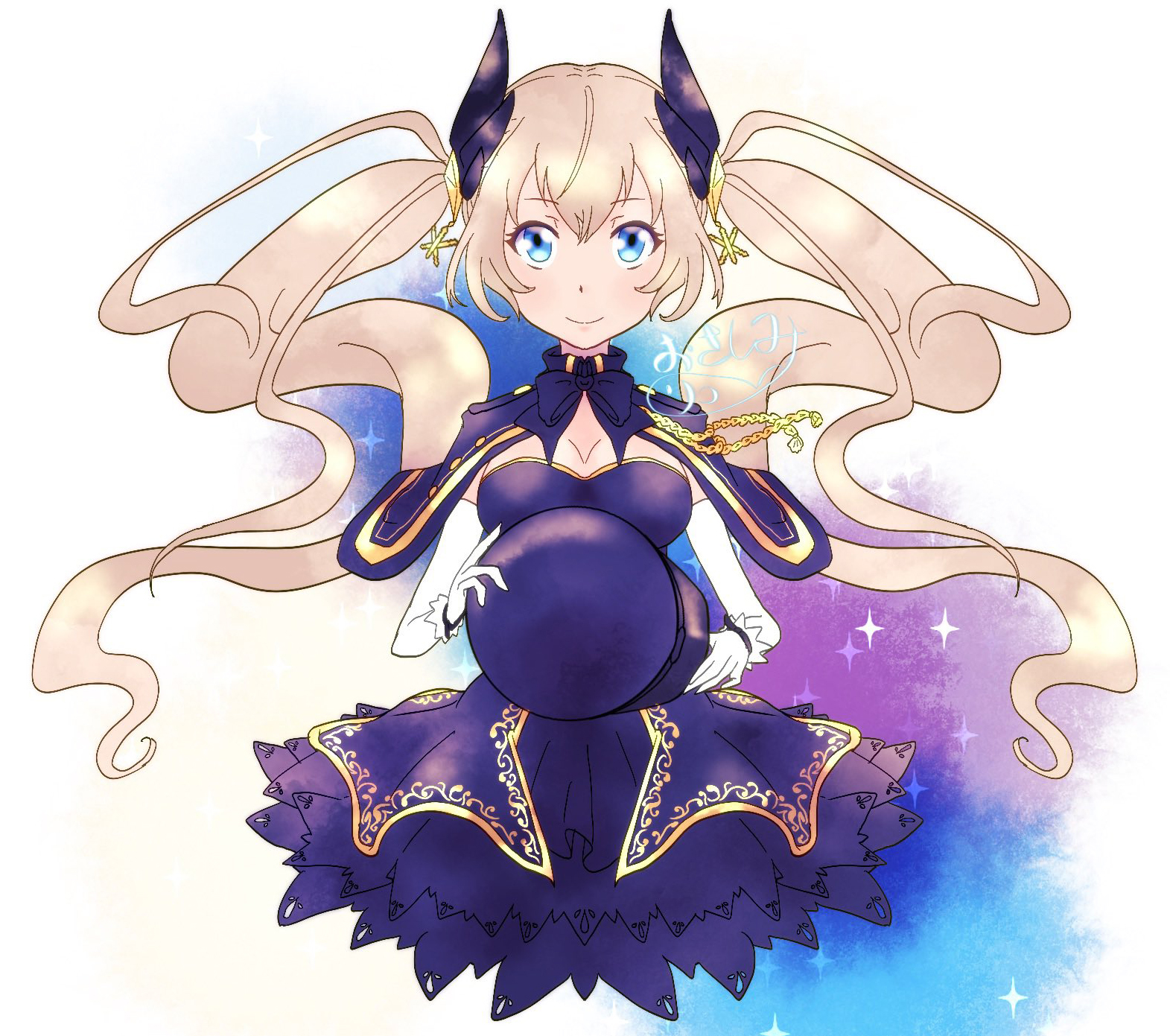 chaos gerda (gakuen) (grimms notes), chaos gerda (grimms notes), grimms notes, grimms notes gakuen, highres, protected link, 1girl, blue capelet, blue eyes, blue hat, breasts, capelet, closed mouth, hat, holding, holding unworn clothes, holding unworn hat, smile, solo, unworn hat, unworn headwear, uono ff14, white background