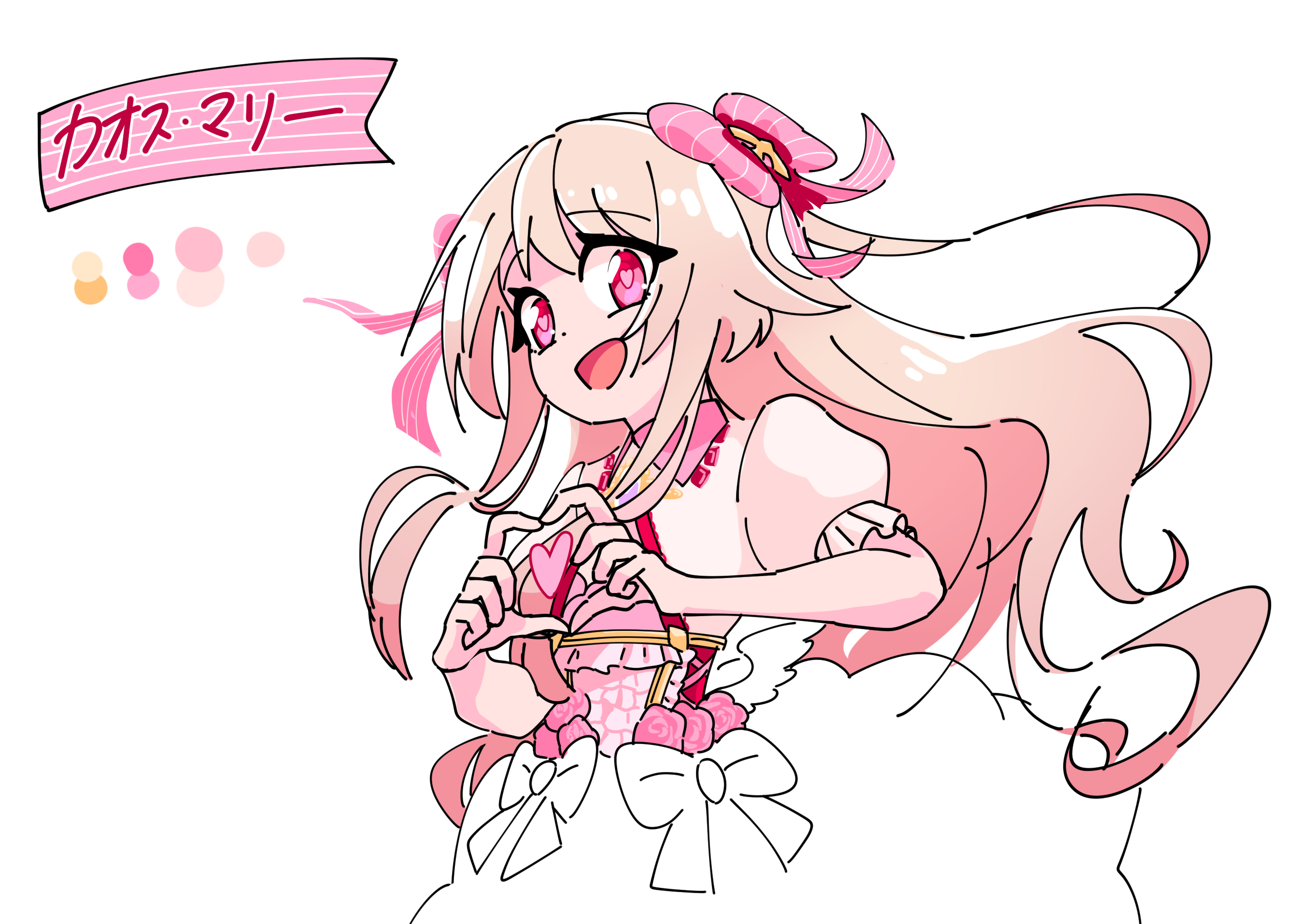 suzshilo, chaos marie (grimms notes), grimms notes, highres, character name, cleavage cutout, clothing cutout, hair ornament, heart, heart hair ornament, looking at viewer, open mouth, pink eyes, pink shirt, shirt, simple background, smile, upper body, white background