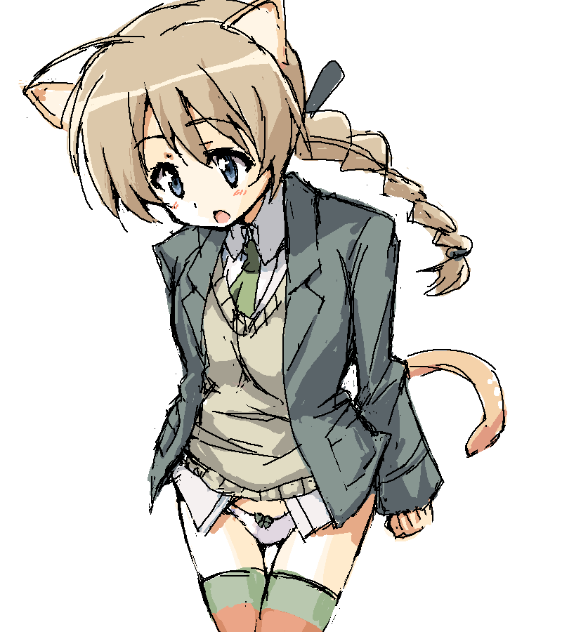 kuropan (crow panther), kurou (artist), lynette bishop, strike witches, world witches series, 00s, 1girl, animal ears, blonde hair, blue eyes, blush, braid, brown hair, cat ears, cat tail, female focus, formal clothes, jacket, necktie, no pants, oekaki, open mouth, panties, simple background, single braid, solo, tail, thighhighs, underwear, white background