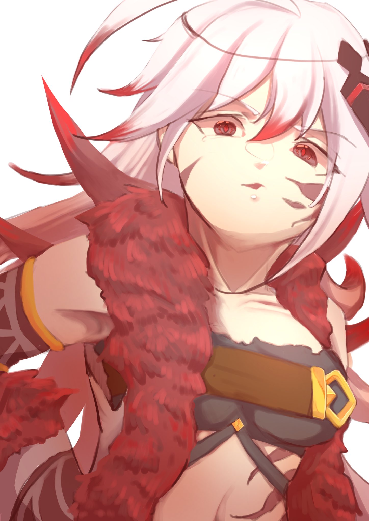 muscat ww3, alexandra (grimms notes), grimms notes, highres, 1girl, breasts, collarbone, looking at viewer, navel, parted lips, red hair, simple background, solo, white background, white hair