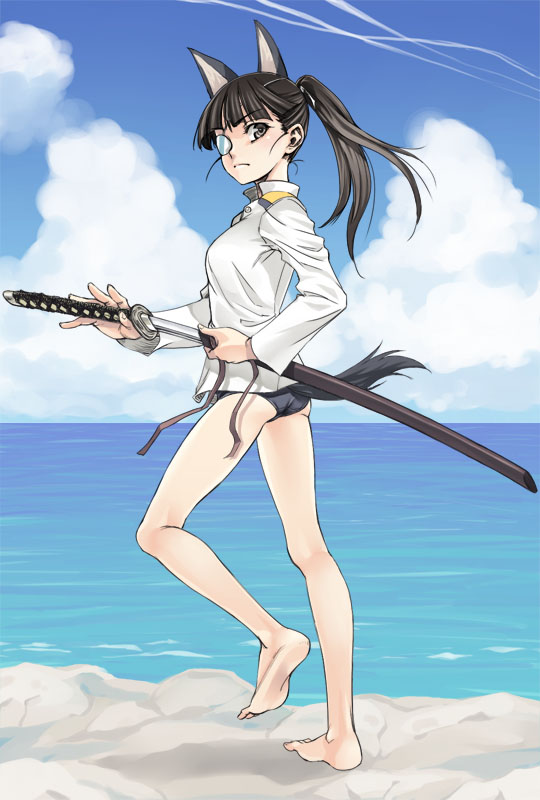satou atsuki, sakamoto mio, strike witches, world witches series, 00s, 1girl, barefoot, day, feet, female focus, legs, long legs, outdoors, ponytail, solo, swimsuit, swimsuit under clothes