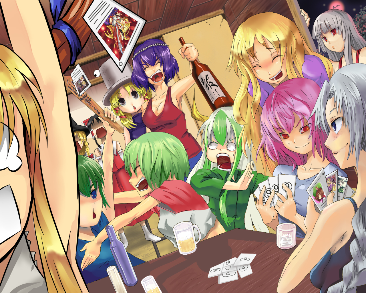 aryus, chen, ex-keine, fujiwara no mokou, hakurei reimu, hoshiguma yuugi, ibuki suika, kamishirasawa keine, kazami yuuka, kirisame marisa, konpaku youmu, moriya suwako, saigyouji yuyuko, shiki eiki, yagokoro eirin, yakumo yukari, yasaka kanako, touhou, bad id, bad pixiv id, >:), 6+girls, :<, alcohol, alternate costume, beer, blonde hair, blush, bottle, breasts, card, casual, circled 9, cleavage, closed eyes, drunk, everyone, female focus, floating card, holding, holding card, horns, hug, medium breasts, multiple girls, no headwear, o o, party, playing games, rod of remorse, shaded face, shirt, single horn, surprised, t-shirt, tank top, v-shaped eyebrows
