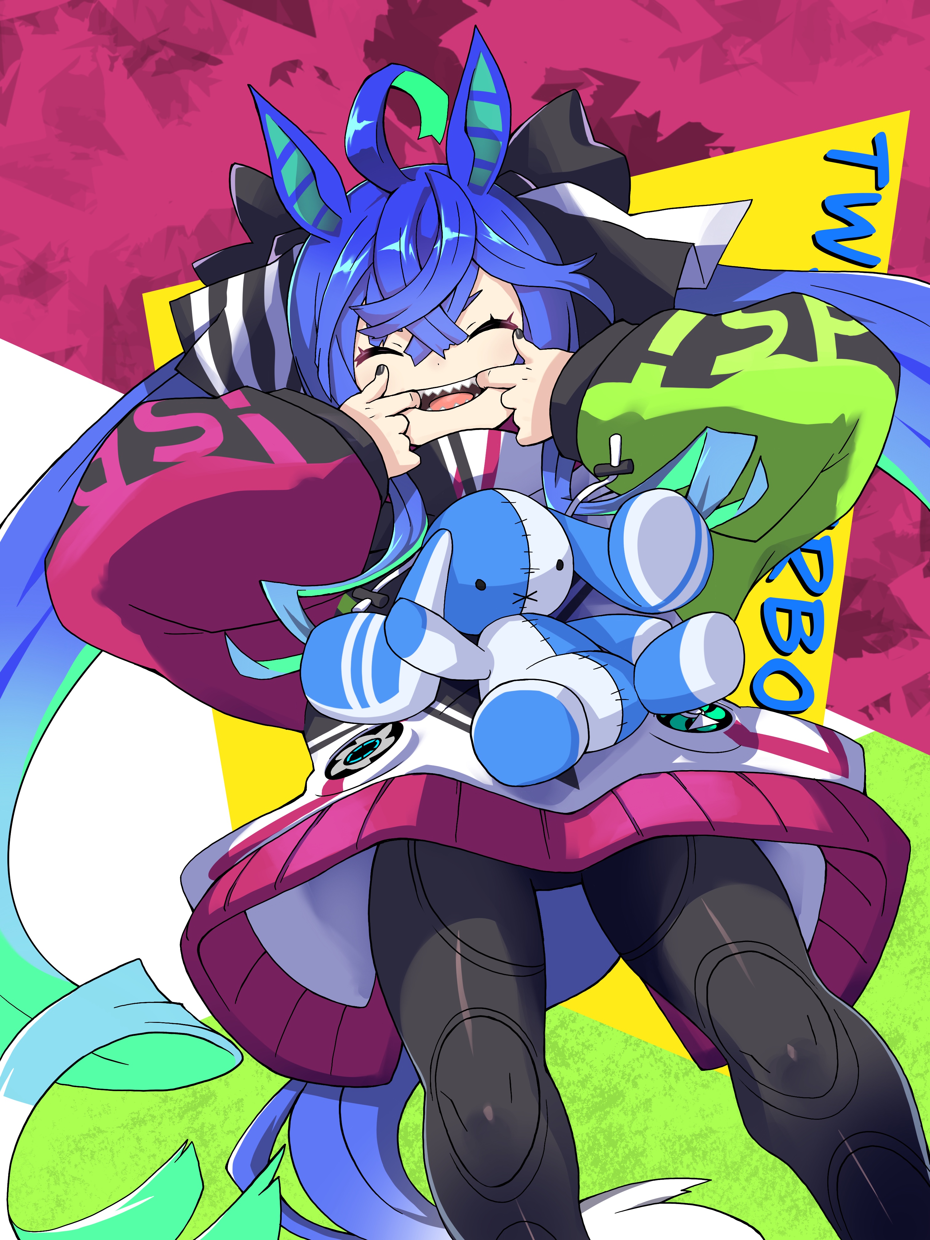 dokuma3, twin turbo (umamusume), umamusume, absurdres, commentary request, highres, 1girl, ahoge, animal ears, aqua hair, black leggings, black nails, blue hair, bow, closed eyes, colorful background, crossed bangs, drawstring, feet out of frame, finger in own mouth, hair bow, hood, hoodie, horse ears, horse girl, horse tail, leggings, long hair, long sleeves, mouth pull, multicolored hair, multicolored hoodie, open mouth, sharp teeth, sidelocks, solo, striped bow, stuffed animal, stuffed rabbit, stuffed toy, tail, teeth, twin turbo (blast mode! turbo engine) (umamusume), twintails, two-tone hair, very long hair