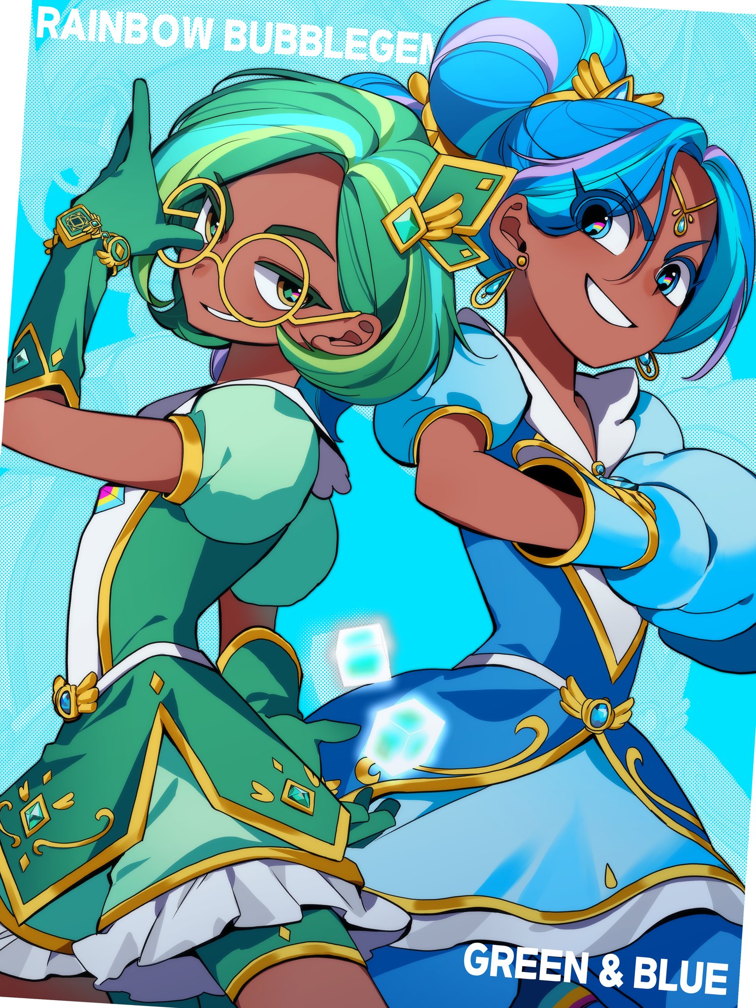 blue sapphire (rainbow bubblegem), green leaf (rainbow bubblegem), rainbow bubblegem, commentary request, highres, korean commentary, 2girls, blue background, blue dress, blue eyes, blue gloves, blue hair, boxing gloves, character name, copyright name, cube, dark-skinned female, dark skin, diamond hair ornament, dress, earrings, emptyname0501, glasses, gloves, green gloves, green hair, hair between eyes, jewelry, long hair, looking at another, looking to the side, magical girl, multicolored hair, multiple girls, puffy short sleeves, puffy sleeves, round eyewear, short hair, short sleeves, simple background, smile, streaked hair, symbol in eye, yellow-framed eyewear, yellow eyes, zoom layer