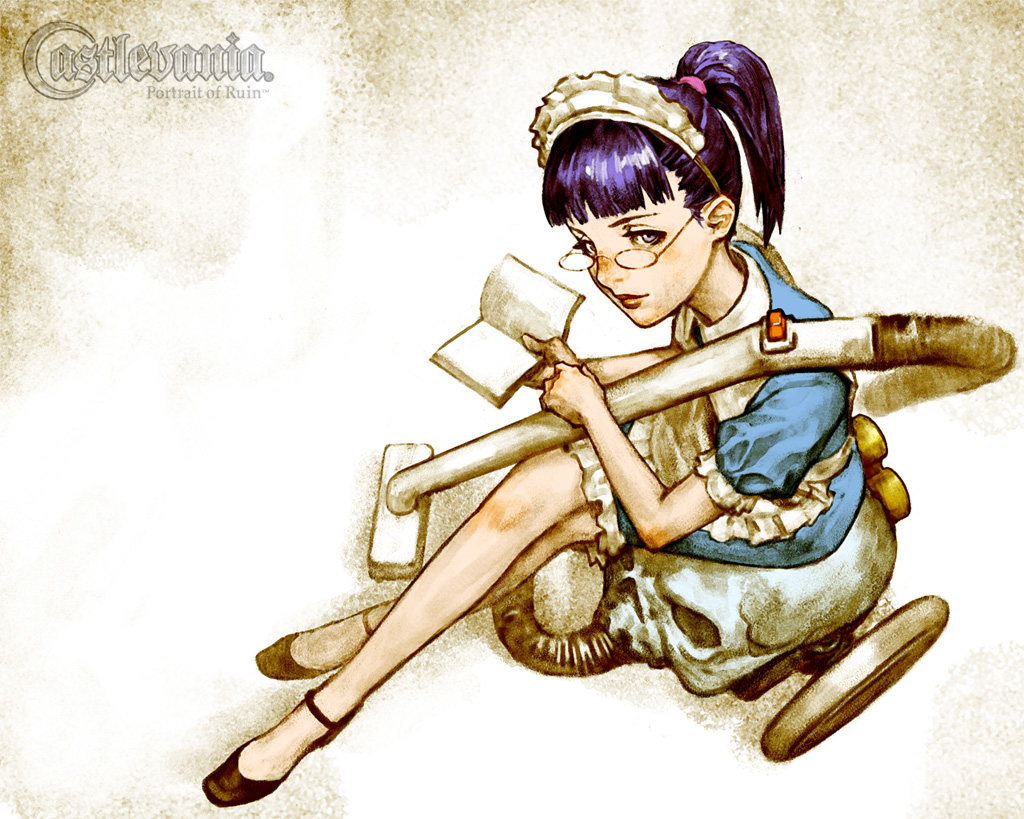 matsukeshi, persephone, persephone (castlevania), castlevania: dawn of sorrow, castlevania: portrait of ruin, castlevania (series), official art, 1girl, blue eyes, blue hair, book, crossed legs, dress, female focus, from above, glasses, grey eyes, high heels, legs, lipstick, looking at viewer, looking up, maid, maid headdress, makeup, matching hair/eyes, open book, ponytail, purple hair, shoes, sitting, skull, solo, vacuum cleaner