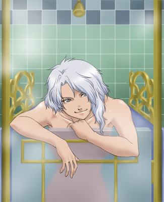 k-ma, lobelia carlini, sakura taisen, sakura taisen iii, lowres, 00s, grey eyes, nude, short hair, showering, white hair
